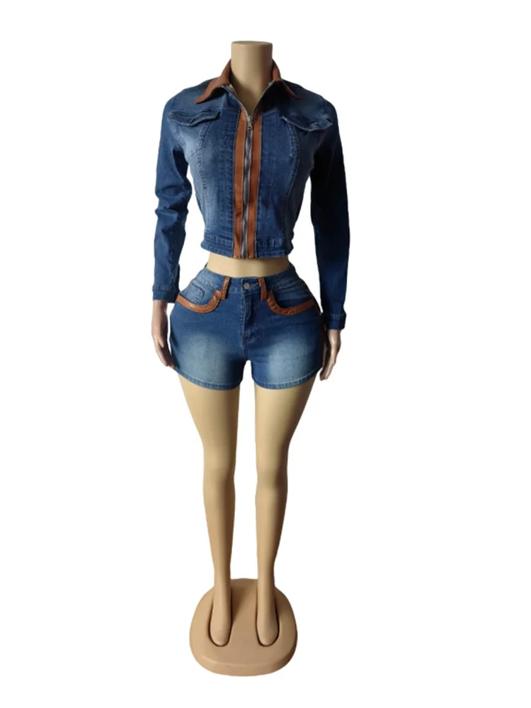 Kliou Vintage-Stil Denim 2-teiliges Set Frau Kontrastdesign Reißverschluss Polo-Ausschnitt Crop Jacke + Skinny Shorts Hottie Street Fashion Outfits