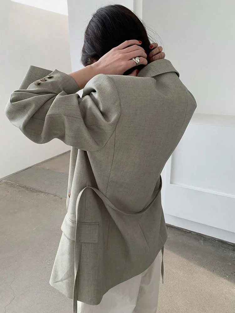 TLXT 여성 캐주얼 Balzer 노치 긴 소매 솔리드 싱글 브레스트 레이스 업 수집 허리 자켓 2025 봄 신상품 26Z1428