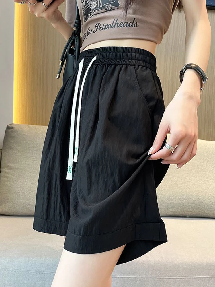 

Women's Summer Spelling Color Drawstring High Waist Loose Sports Casual Shorts Wide Leg Pants Summer Female Clothing A07