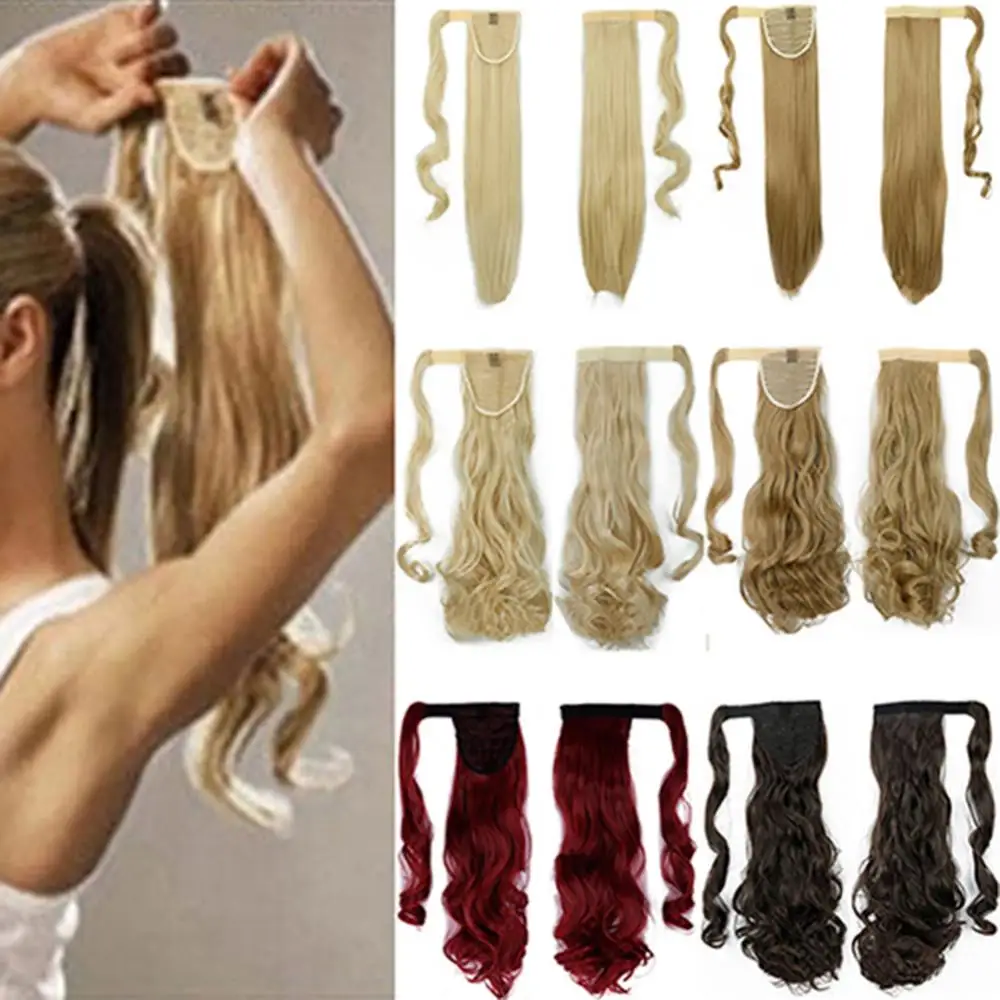 Women Girl Long Straight Wavy Ponytail Wigs Clip In Pony-Tail Hair Extensions Synthetic Straight Wrap Around Clip In Ponytail