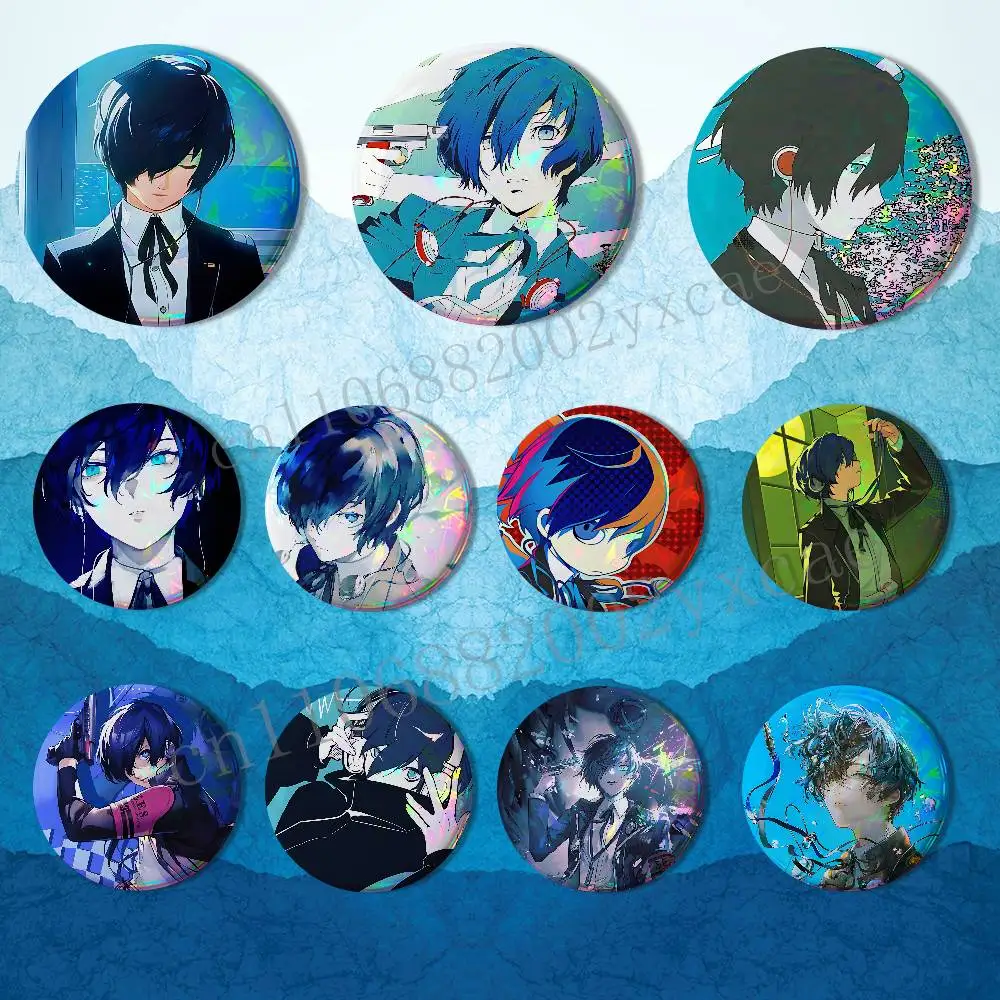 

blue Makoto Yuki game Persona Reflective Pin Tinplate Round Brooch Cartoon Cosplay Badges for Bag Hat Toys Gifts