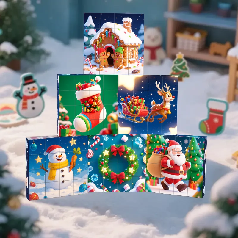 16pcs Magnetic Building Blocks Cube Puzzle Christmas Santa Claus Children Toy Create 6 Picture Education Sensory Gift for Kids