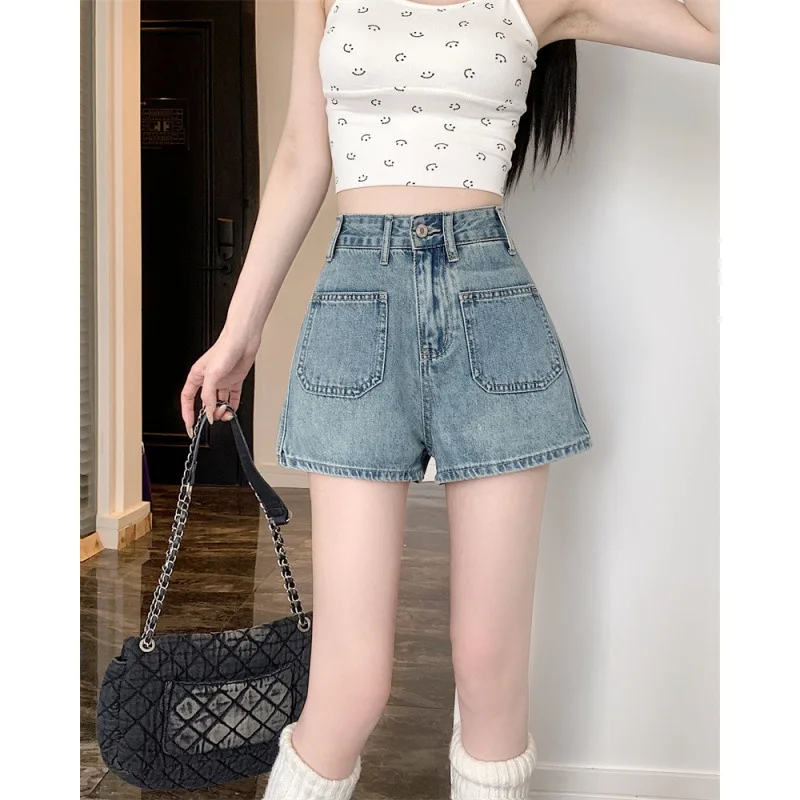 Style américain mode taille haute Denim Shorts ample rétro jambe large a-ligne pantalons chauds 2025 été nouveau mince femmes Shorts