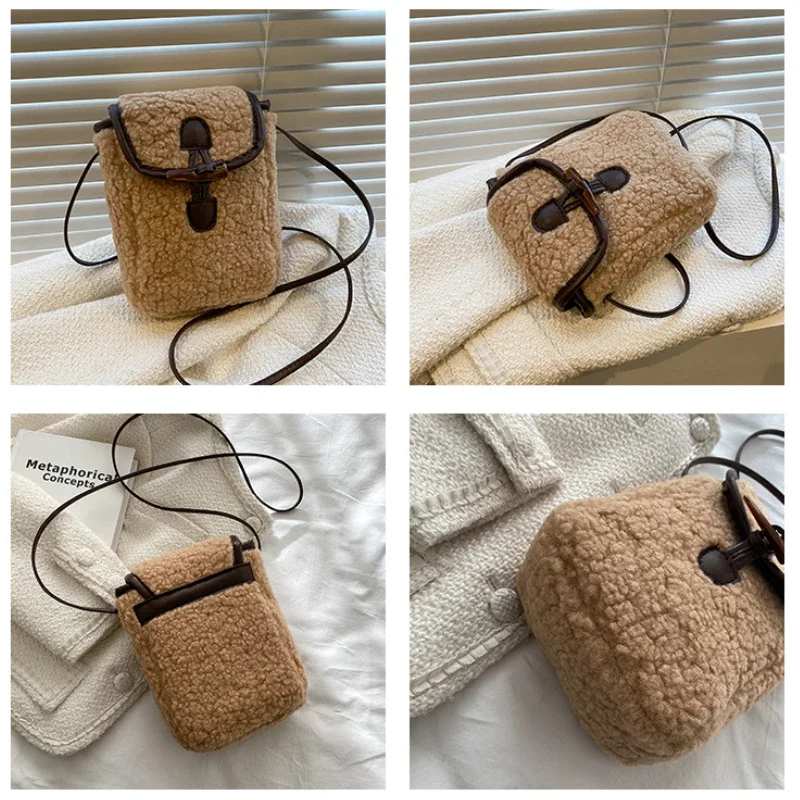 Lambswool Phone-bag Women Faux Fur Bags Tender Sweet Lovely Cross Body Teenagers Female Portable Horn Button Plush Square Cozy