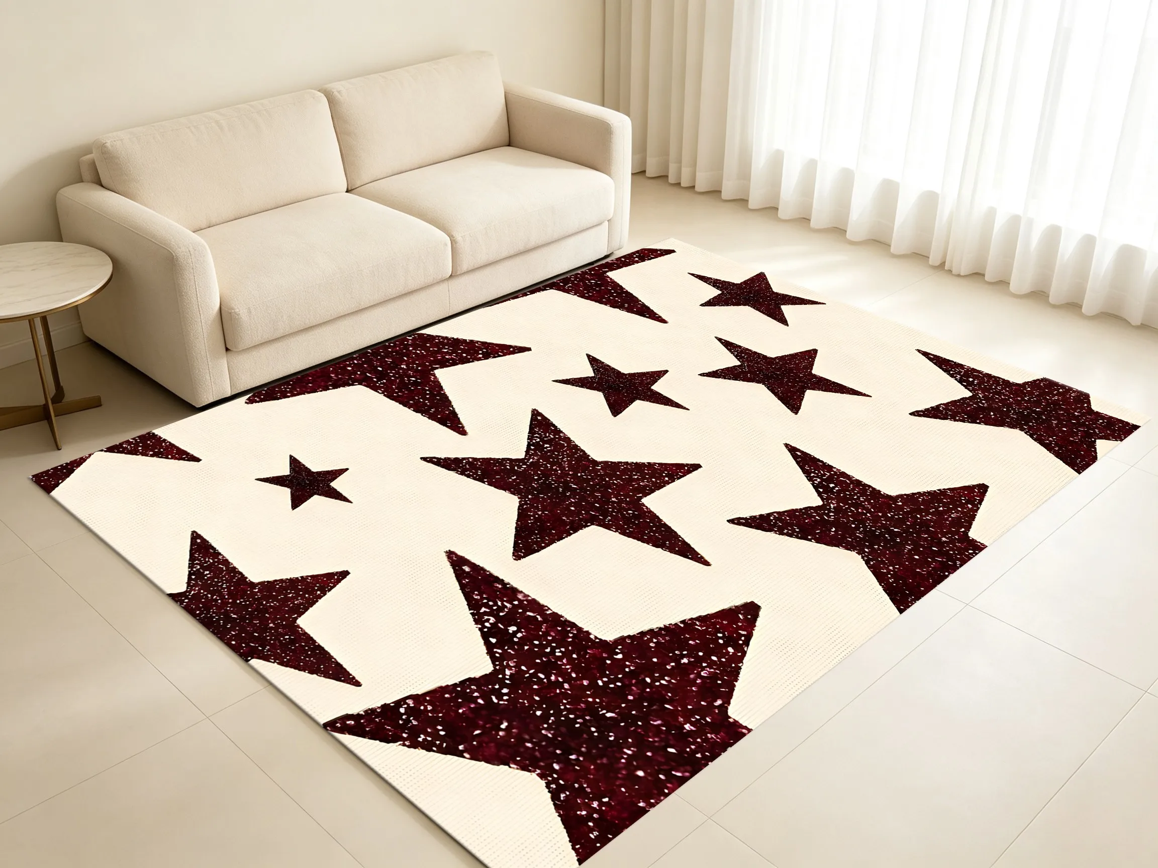 Burgundy Glitter Five-Pointed Star American Retro Style Christmas Velvet Rug, Suitable for Bedrooms, Bedside Areas, Living Rooms, and Sofa Areas, Creating a Warm and Healing Soft Furnishing Atmosphere