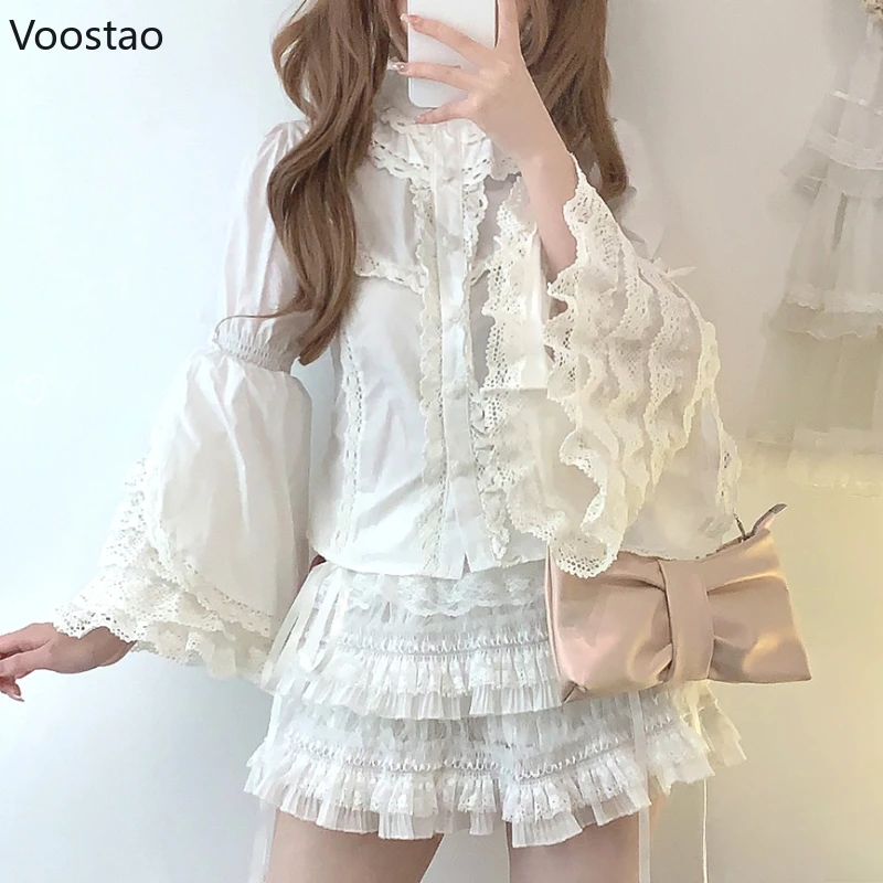 Japanese Sweet Lolita Shirts Women Vintage Victorian Gothic Bow Flare Sleeve Lace Ruffles Y2k Blouse Elegant Female Casual Tops