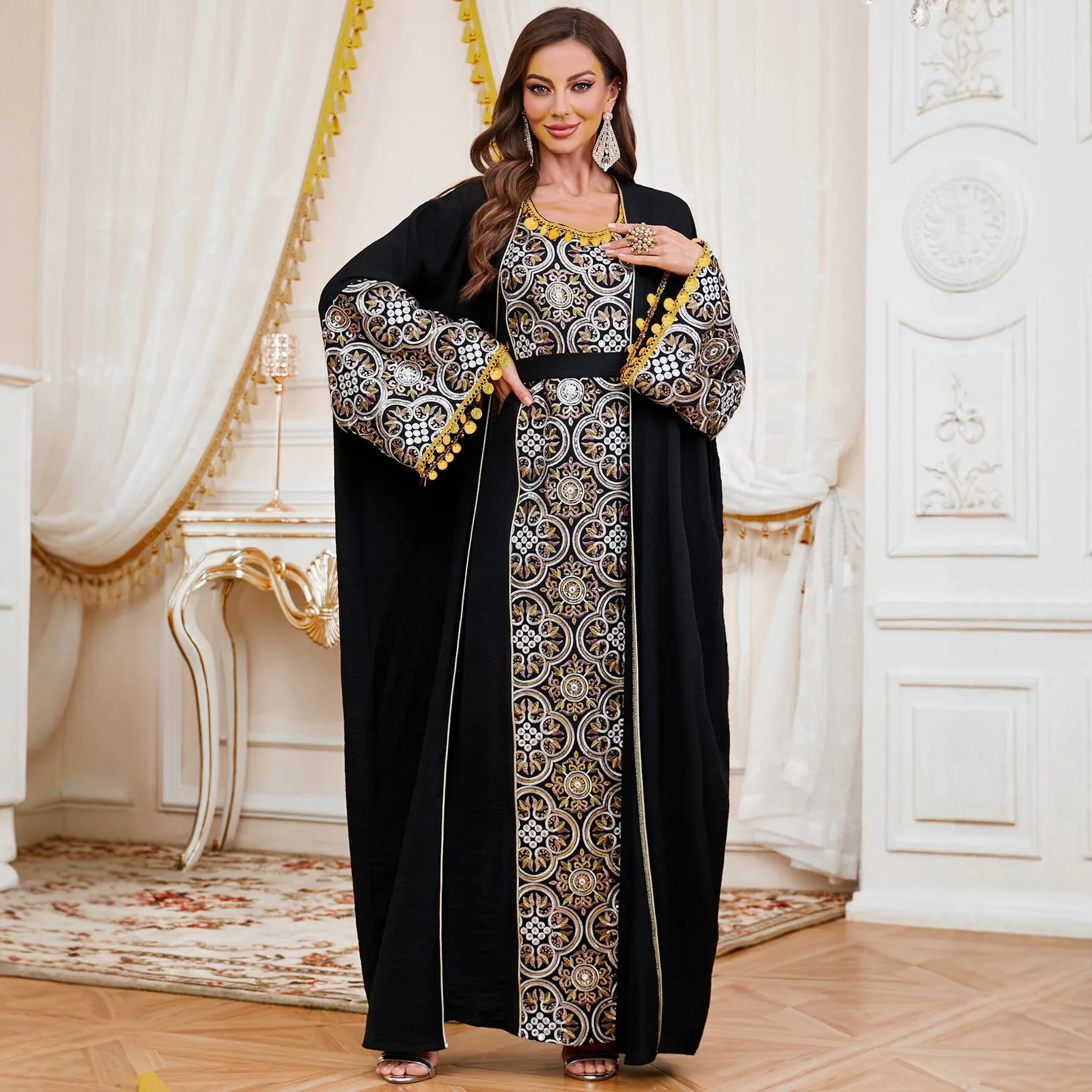 

Роскошный дубайский мусульманский комплект абайя для женщин, 2 предмета: кимоно, турецкий кафтан, вышитое праздничное платье, марокканский кафтан для Ид, джалабия, кафтан