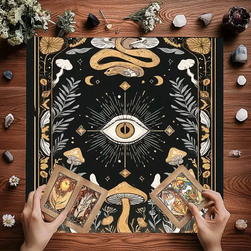 Mystic Eye and Mushroom Bohemian Tarot Cloth Table Runner Witchy Aesthetic Boho Decor Spiritual Altarpiece 90x90cm