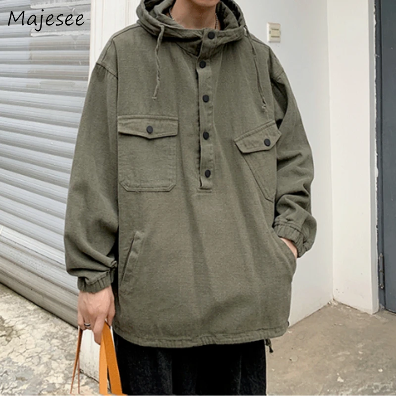 

With Hat Hoodies Men Vintage Chic Japanese High Street Cargo Leisure Loose New Simple Pockets Fashion Outwear All-match