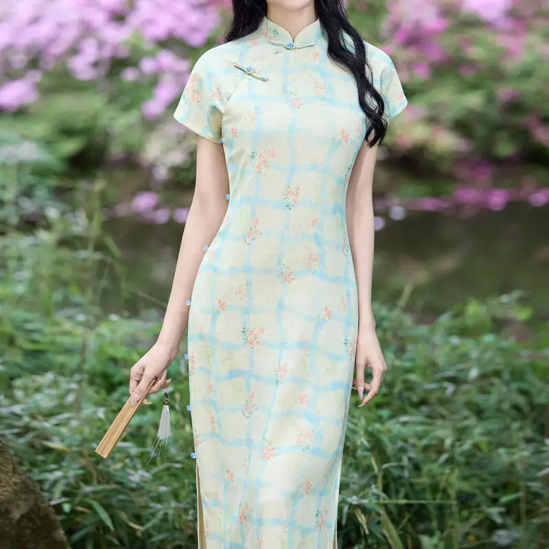 

Vintage Short Sleeve Female Qipao Full Open Retro Checkered Cheongsam Elegant Mandarin Collar Chinese Dress Summer New Vestidos