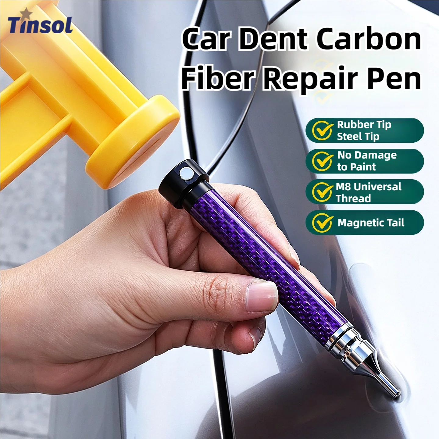 TINSOL Paintless Dent Repair Pen Kit with Universal Threaded High Hardness Knock-Resistant Rod for Car Bodywork Dent Hammer PDR