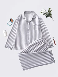 Elegant Striped Polyester Pajama Set for Women with Lapel Collar, Long Sleeve Button-Up Top, and Long Pants, Fall/Winter Woven S