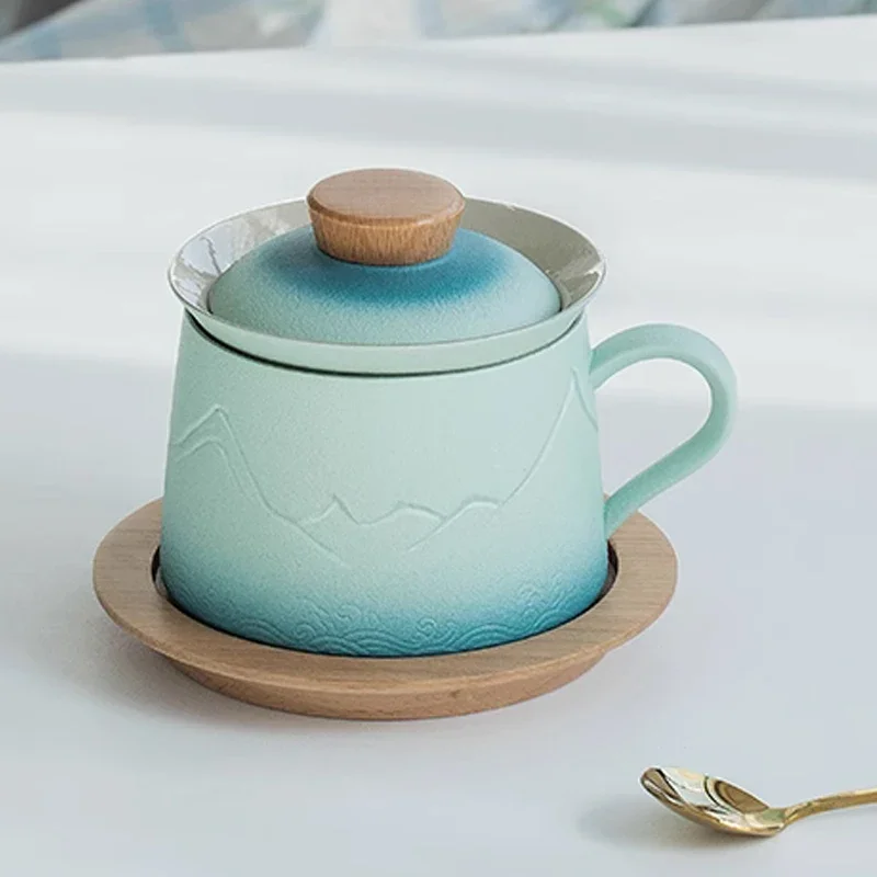 Creative Tea Water Separating Cup, Ceramic Household Office Items, Porcelain Belt Cover Filter Mug, Frosted Coffee Cup, 1Pc