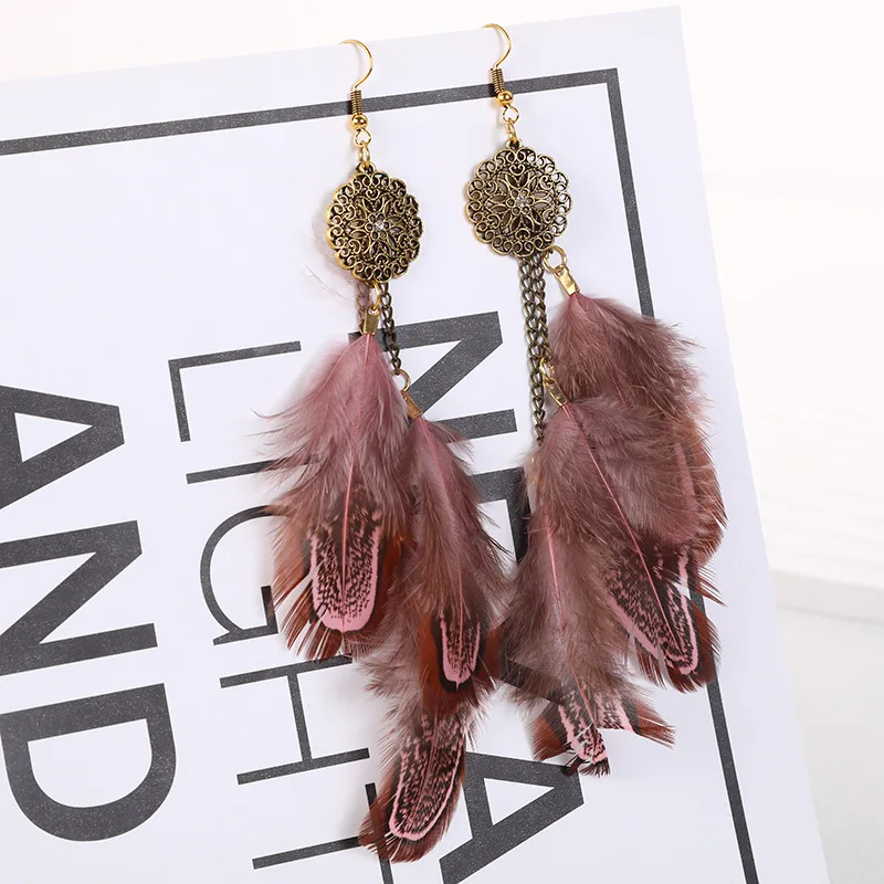 Ethnic Long Feather Earrings Women Bohemian Vintage Gold Color Hollow Flower Handmade Chain Dangle Earring Party Wedding Jewelry