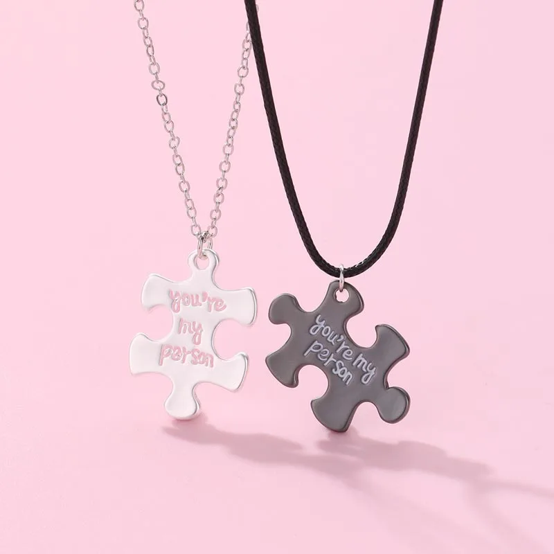 Lovecryst 2Pcs/set Puzzle Letter You Are My Person Alloy Couple Necklace Men and Women Splicing Simple Valentine's Day Gift