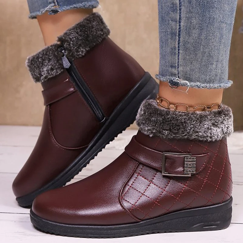 

Красные зимние ботинки из искусственной кожи, женские пушистые короткие плюшевые теплые зимние ботинки, женская непромокаемая нескользящая уличная хлопковая обувь для мамы и леди