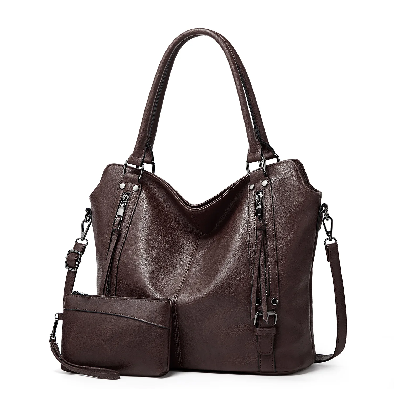 2Pcs Vintage Leather Handbag Crossbody Shoulder Bag with Mini Wristlet Purse Pu Tote Bags for Women Daily Work Shopping Travel