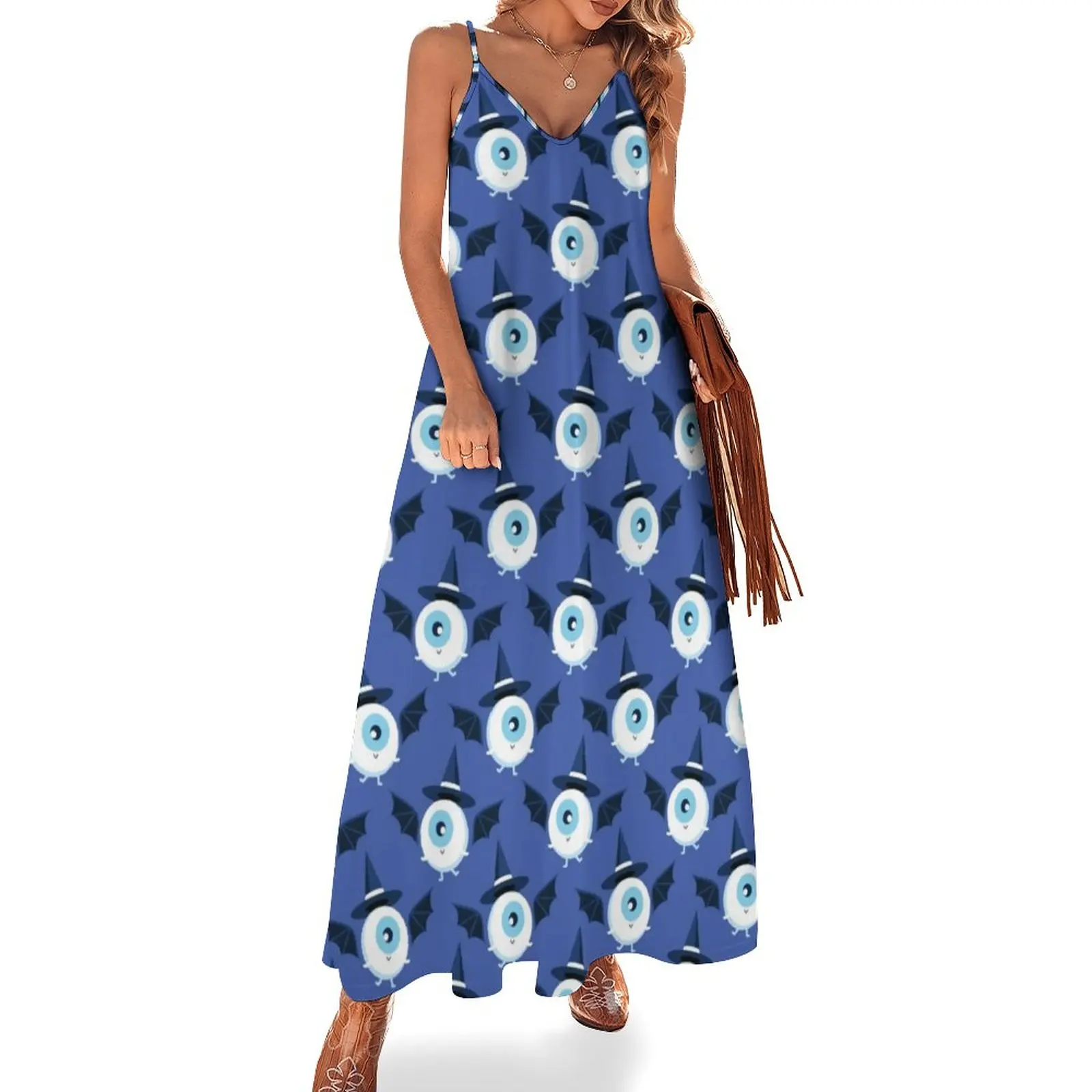 Cute Evil Eye Dancing Dress Halloween Print Vintage Maxi Dress V Neck Bohemia Long Dresses Strap Streetwear Big Size Vestidos