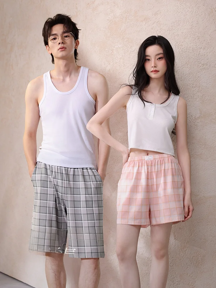 純綿カップルスリープウェアカジュアル9点セットホームパンツゆったり夏用チェック柄メンズアウターウェアレディース快適レジャーパンツ