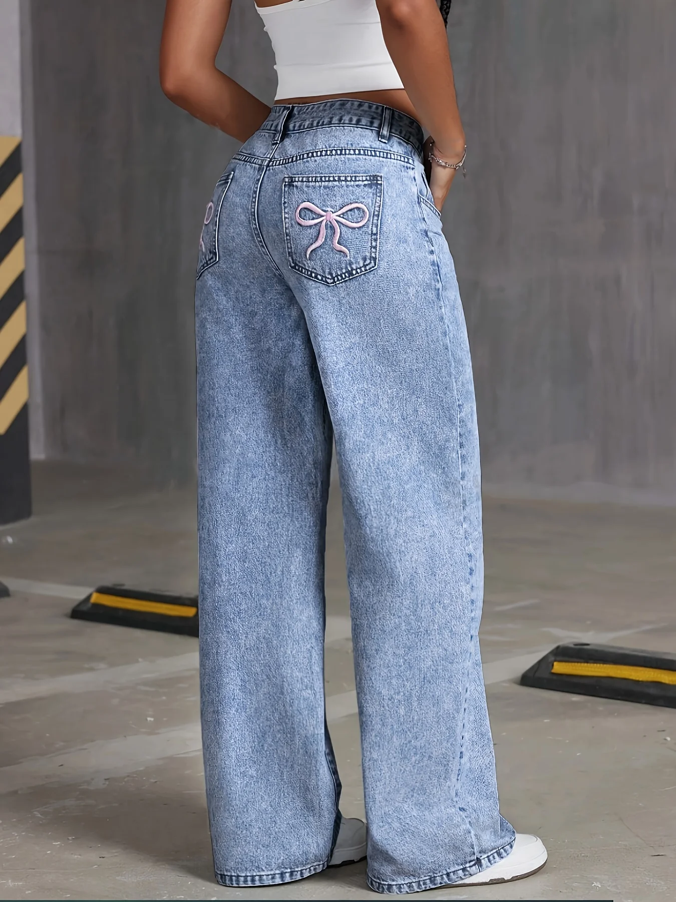 Women's Back Pocket Bow Embroidered Fashionable Wide Leg Pants Versatile Washed Denim Trousers