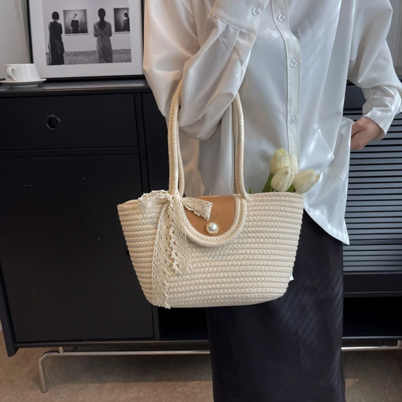 Women's Woven Shoulder Bag New Large Capacity Tote Bag Casual Knit Beach Vacation Handbags Eco Reusable Shopper Pearl Decoration