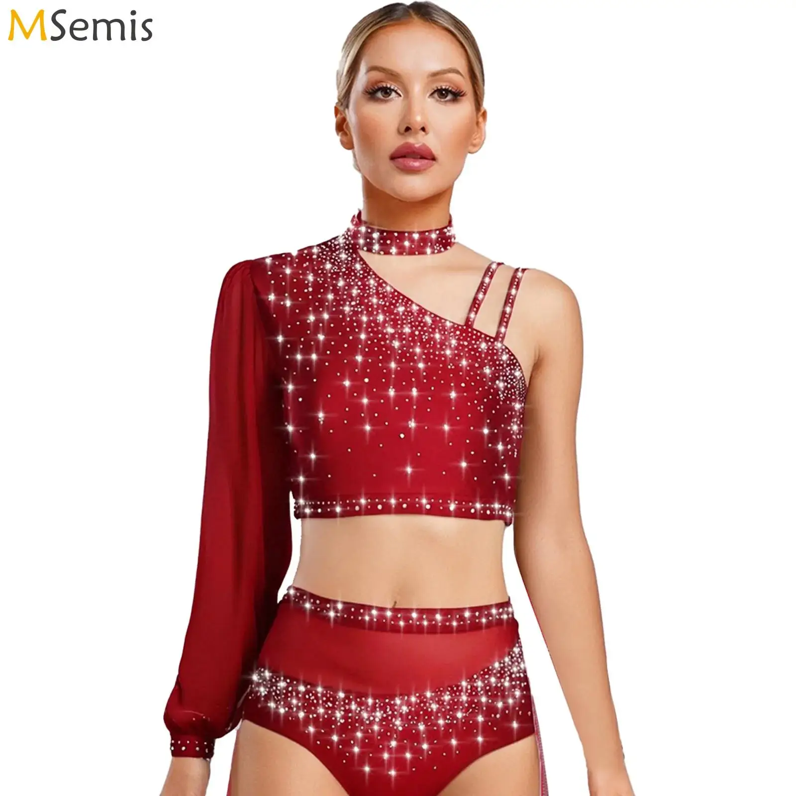 Women Contemporary Ballet Dance Tops Gymnastics Lyrical Dance Leotards Costume Sheer Mesh Long Sleeve Shiny Rhinestone Crop Top