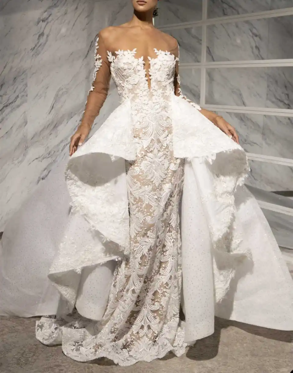 New Arrival Wedding Dresses Mermaid Appliques Long Sleeve Detachable Train Bride Wedding Dresses Robe de mariée Customized