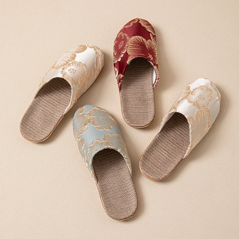 Silk Mule Slippers Women Home Elegant Floral Linen Summer Shoes Ladies Silent Indoor Slides Unisex Couple Lightweight Anti-Slip view 6