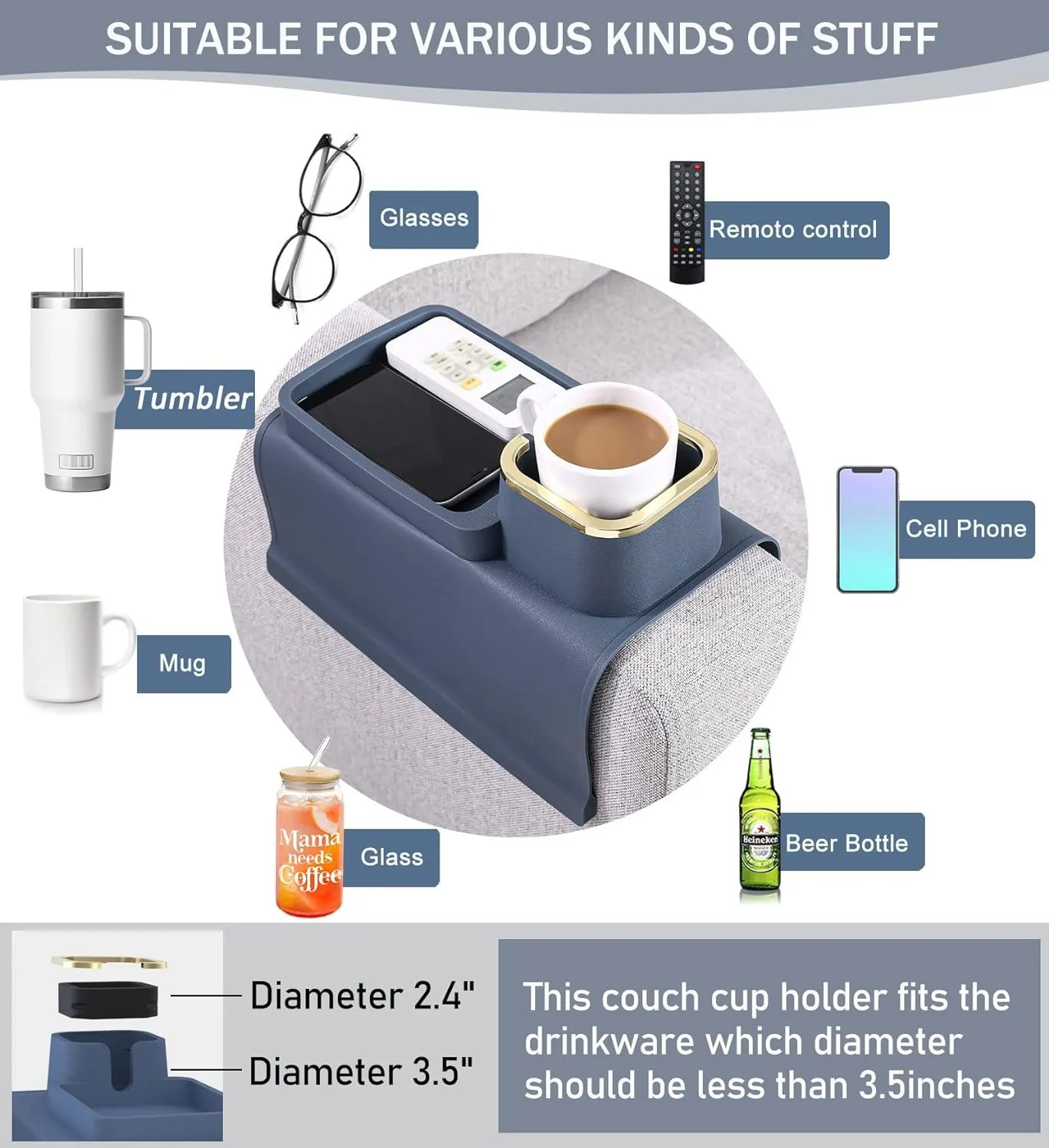 Couch Cup Holder Tray, Anti-Slip Design Silicone Sofa Armrest, Anti-Spill Couch Drink Holder and Tray Organizer, Creative Stand