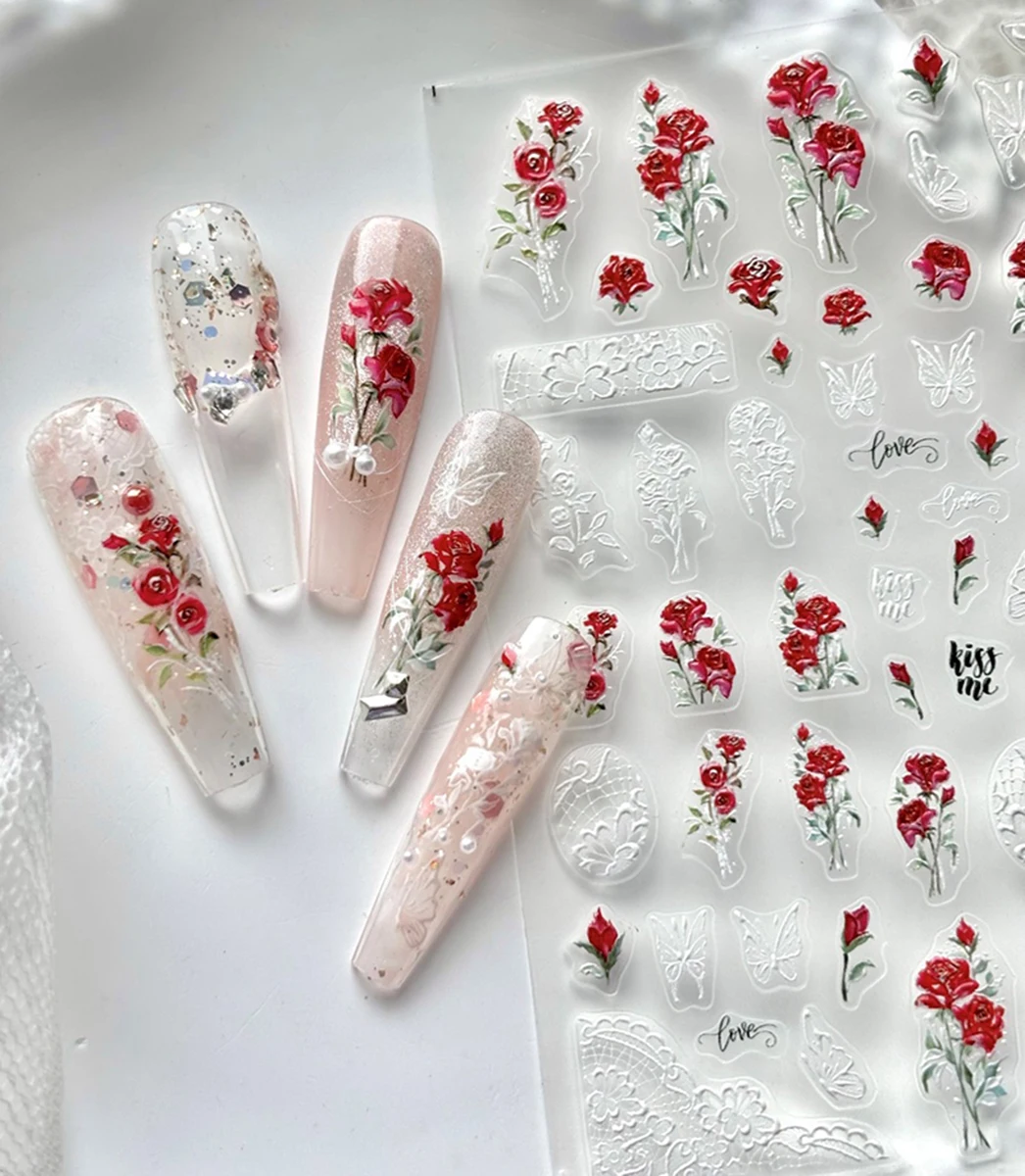 2 قطعة 5D تنقش مسمار ملصقات فنية أنيقة الورود الحمراء الزهور الأبيض الأربطة المتزلجون مسمار ملصقات زينة للتقليم #4