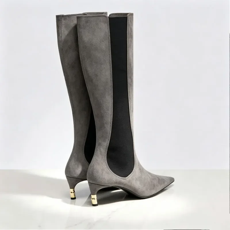 2026 New Low Heel Knee High Boots with Pointed Kitten Heels and Elastic Fabric Autumn and Winter Fashionable Mid Length Boots