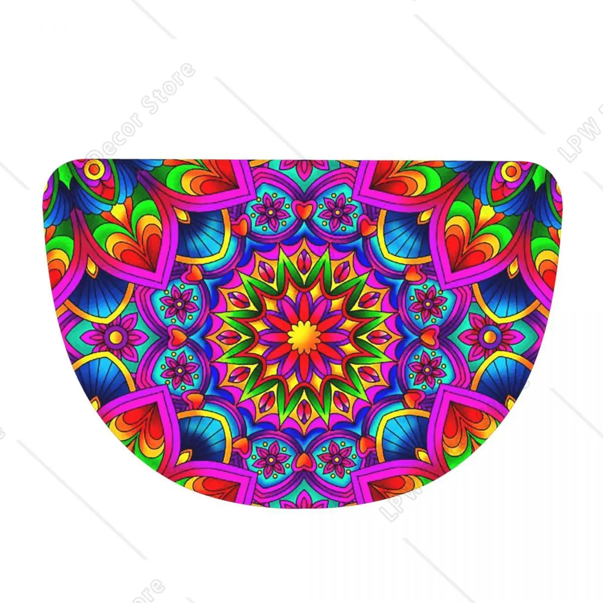Psychedelic Summer Color Mandala Print Flannel Half Round Doormat Non Slip Bathroom Mat Absorbent Floor Carpet for Home Bedroom
