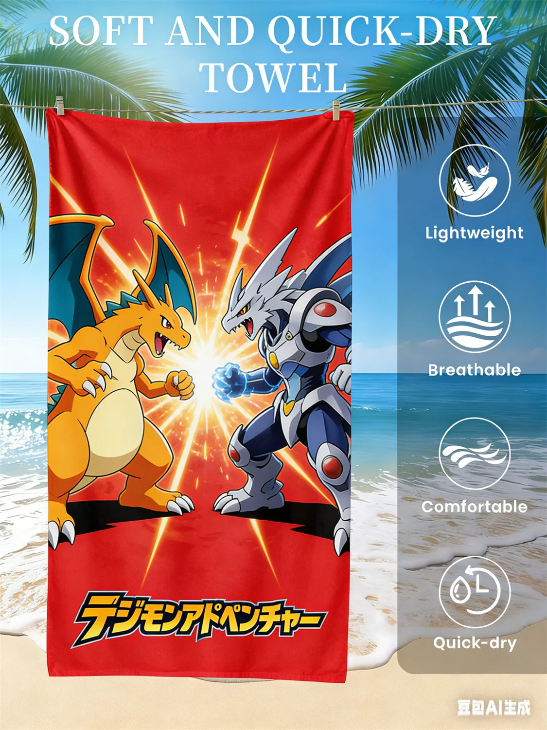 

Digimon Beach Towel, Anime Fan Favorite Character Print Quick-Dry Towel for Beach, Pool, Summer Vacations and Anime Enthusiasts