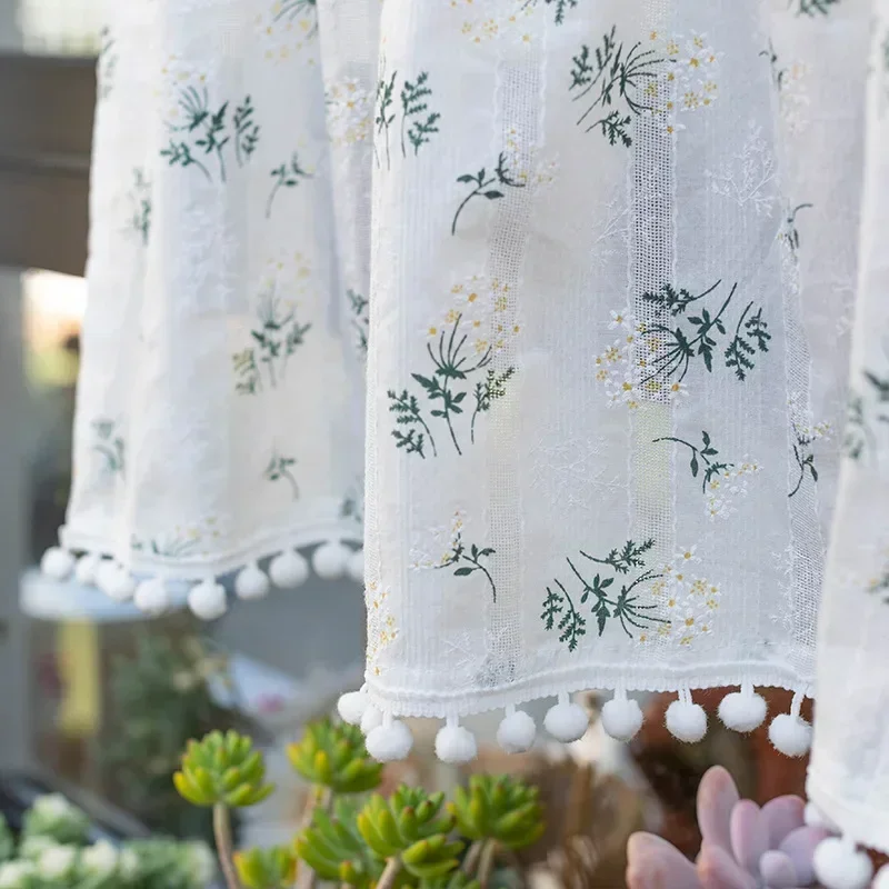 Korean Cotton Daisy Curtains Road Pocket Shade Curtain Floral Tassel for Kitchen Bedroom Living Room Bay Window Cabinet Curtain