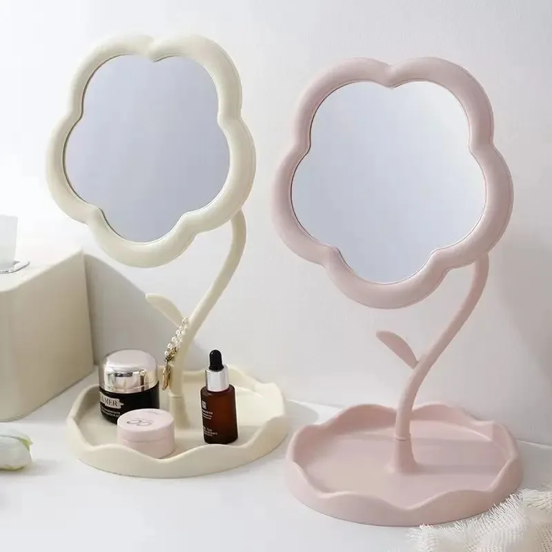 Cute Rotatable Flower Makeup Mirror Aesthetic Desktop Vanity Mirror with Storage Tray for Dorm Room Bedroom