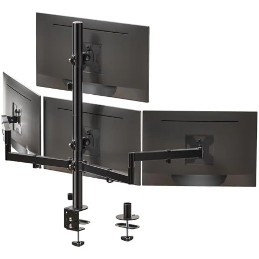 

Quad monitor mount for 13-27 inch screens steel and aluminum black fully adjustable with swivel tilt rotation clamp and grommet