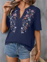 Lace Embroidery Shirt Women Summer Casual Loose Short Sleeve Shirts For Women 2024 Vintage Blace Pullover Blouse Tops Femme