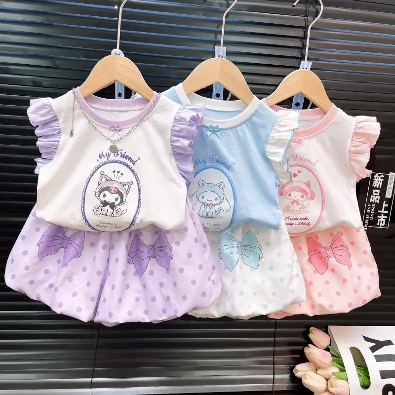 

Girl Sanrios Child Suit Summer Children's Clothing New Summer Anime Figure Cute Set Bloomer Pants Cartoon Vest Set Fashion