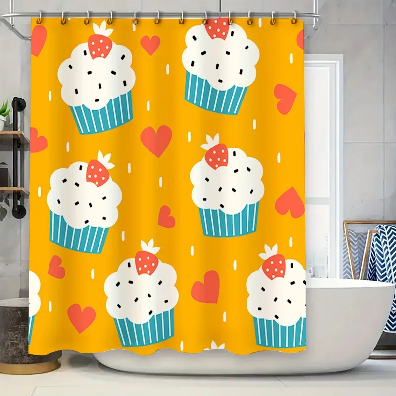 

Симпатичная занавеска для душа с кексом, декор для ванной комнаты с клубничным узором для детской комнаты, желтый цвет (180x240 см)