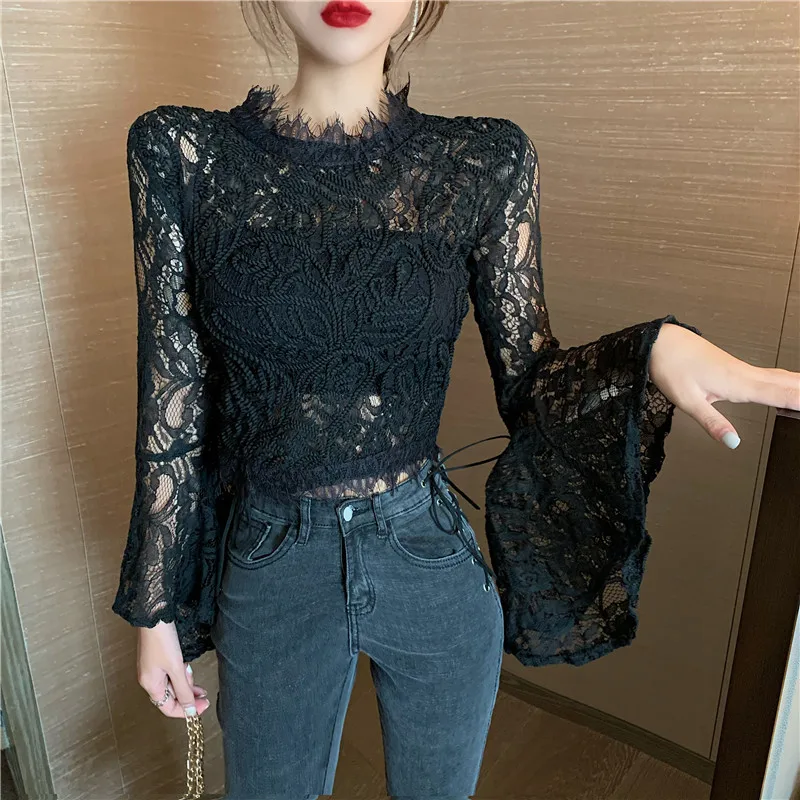 

Slim Lace Hollow Out T Shirts for Women Sexy Flare Sleeve Perspective Crop Top Ladies Fashion Korean Clothes Club