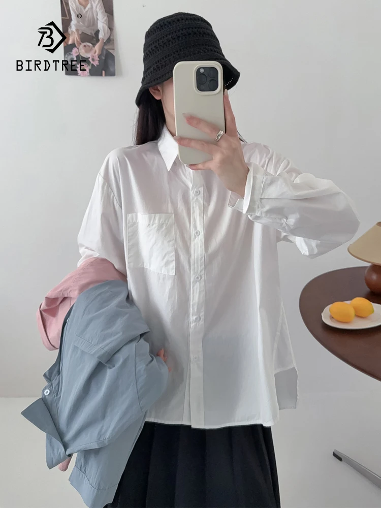 

Новинка 2025, осенняя хлопковая рубашка с длинным рукавом, женская рубашка с отложным воротником и карманом, простая повседневная шикарная свободная блузка Mori Girl T59718CC