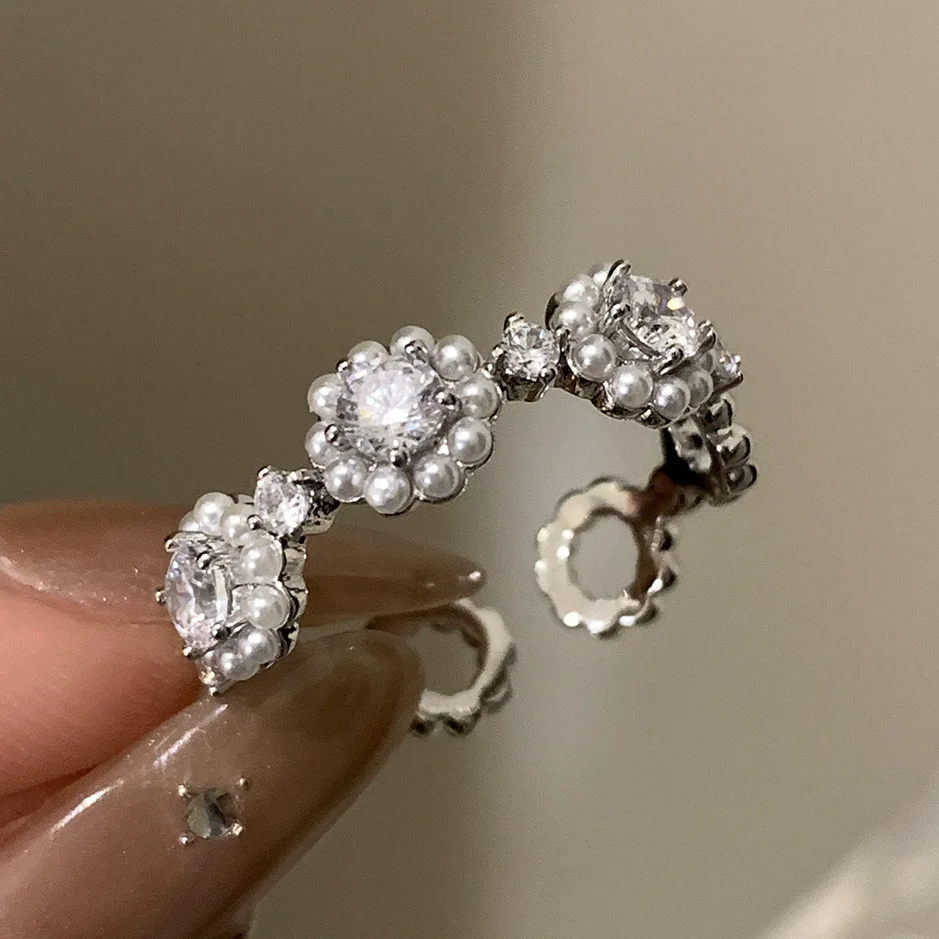 VENTFILLE Blumen-Spitzenring aus 925er-Sterlingsilber, koreanische Mode, Öffnung mit eingelegtem CZ, verstellbare Ringe, Valentinstagsgeschenk
