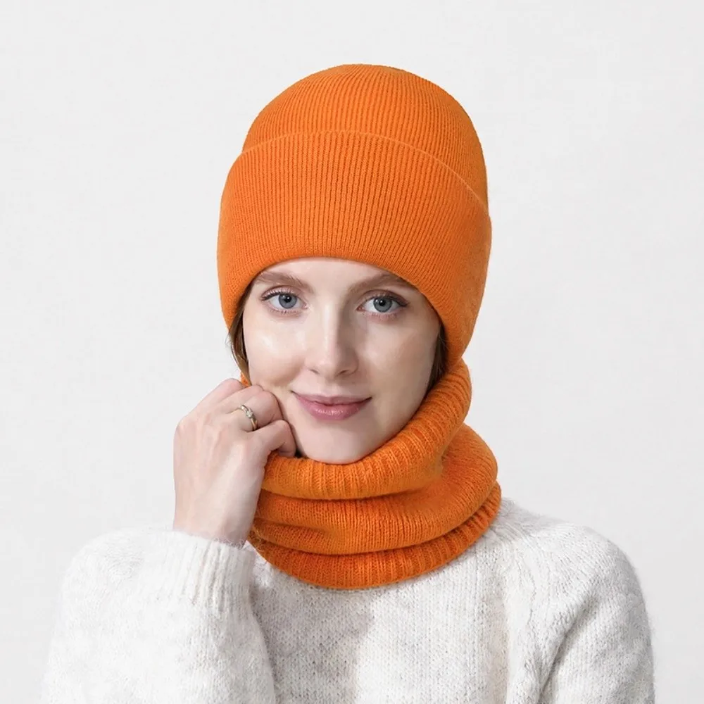 Solid Color Knitted Beanies Windproof Ear Protection Couple Hat Scarf Set Crochet Design Stretch Knitted Winter Hat