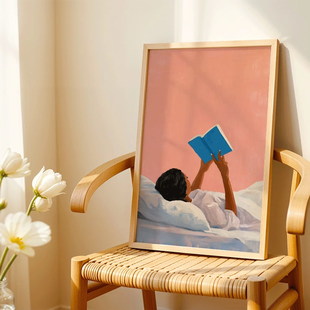 Minimalist Figure Reading In Bed Canvas Wall Decor Picture, 2D Printed Poster Wall Art