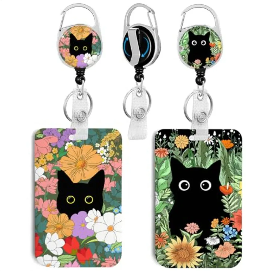

2 Pack Cat Hiding in The Flowers ID Badge Holder with Clip Badge Reels Retractable Heavy DutyKeychainID Holder for School Nurse