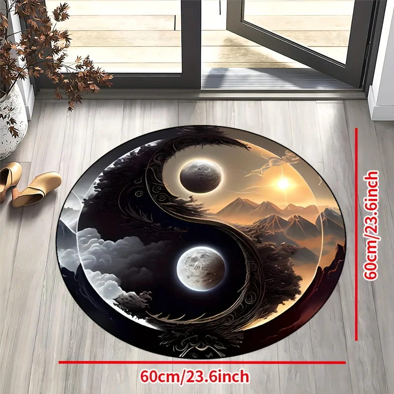 Yin Yang Sun Moon Mountain Rug Round Flannel Balance Harmony Nature Scene Floor Mat for Zen Meditation Space Spiritual Decor - view 6