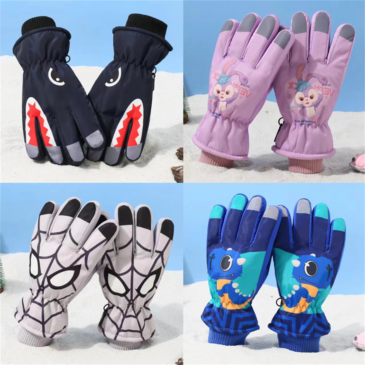 

Winter children's skiing gloves are waterproof and warm. Children's outdoor play with snow, plush and thick cute cartoon gloves