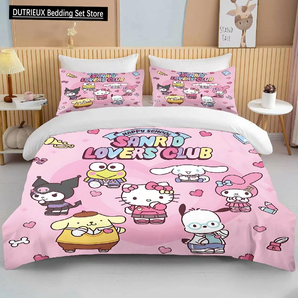 

Sanrio Character Friends Printed Bedding Set Cartoon Anime Microfiber Bed Set Pillowcase Adult Bed Cover Bedroom Bed Set Duvet