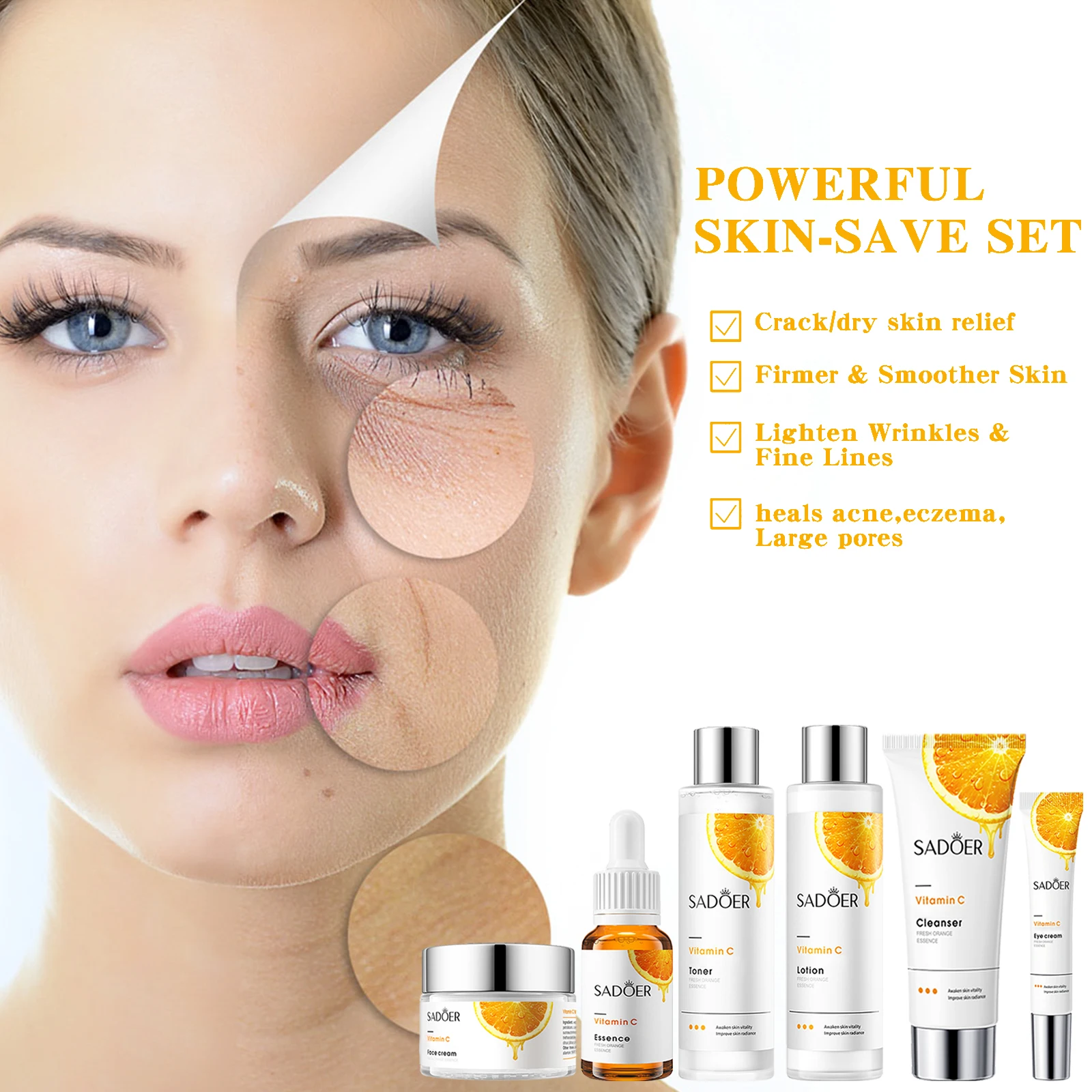 Vitamin C Moisturizing & Nourishing Fresh Orange Essence Six-piece Set with Cleanser, Toner, Eye Cream, Serum, Lotion, Cream