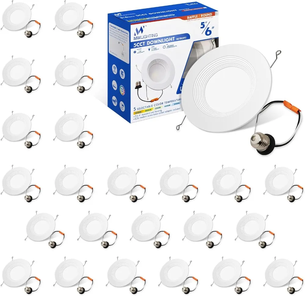 mw 24 Pack LED Recessed Lighting 6 Inch,Baffle Trim, Selectable 2700K 3000K 3500K 4000K 5000K Dimmable LED Can Lights, 100W